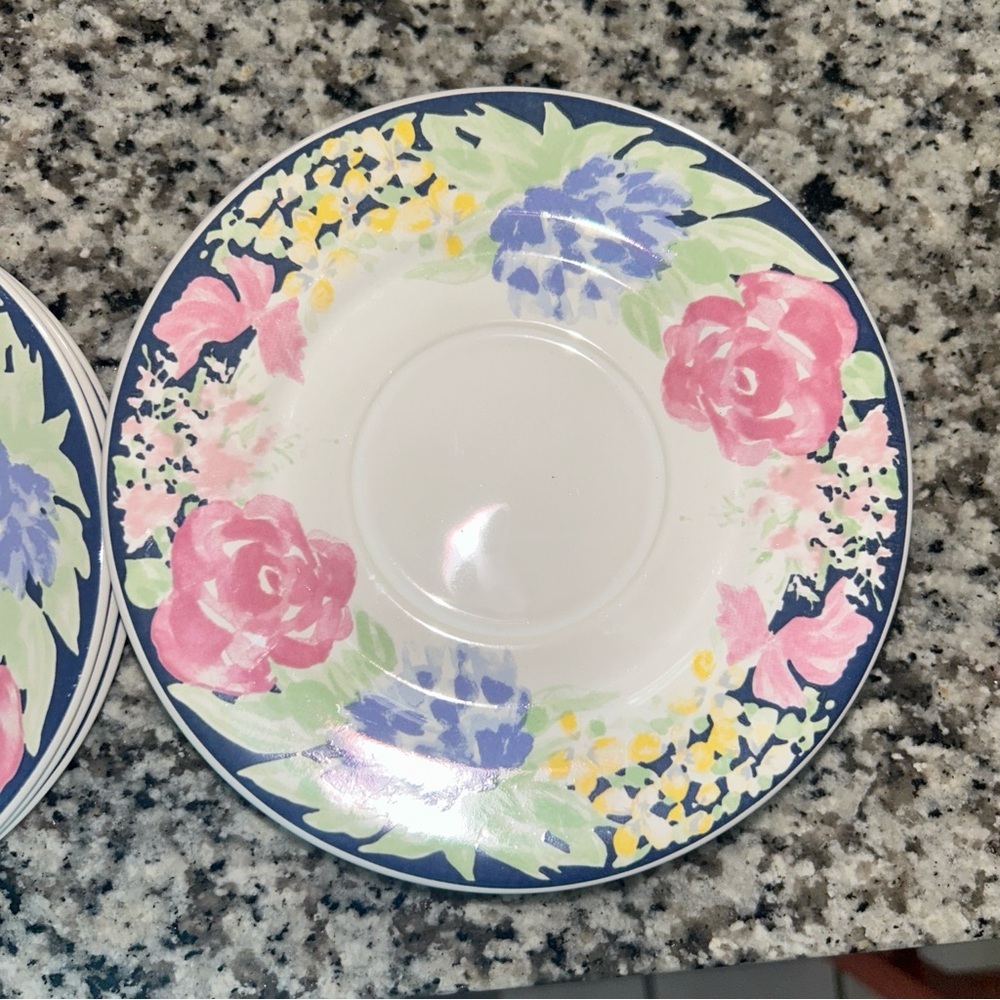 Sango Pink and Blue Floral Saucers Plate set of 7